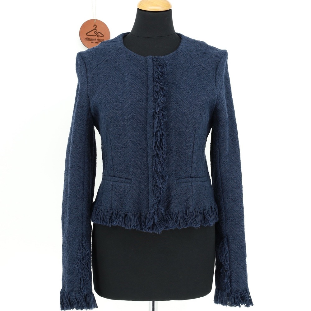 Derek Lam 10 Crosby Fringe Cropped Jacket Blazer Tweed Zip Up Navy Blue Size 8
